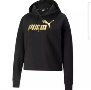 Puma Women's Classics Metallic Gold Logo Cropped Black Pullover Hoodie